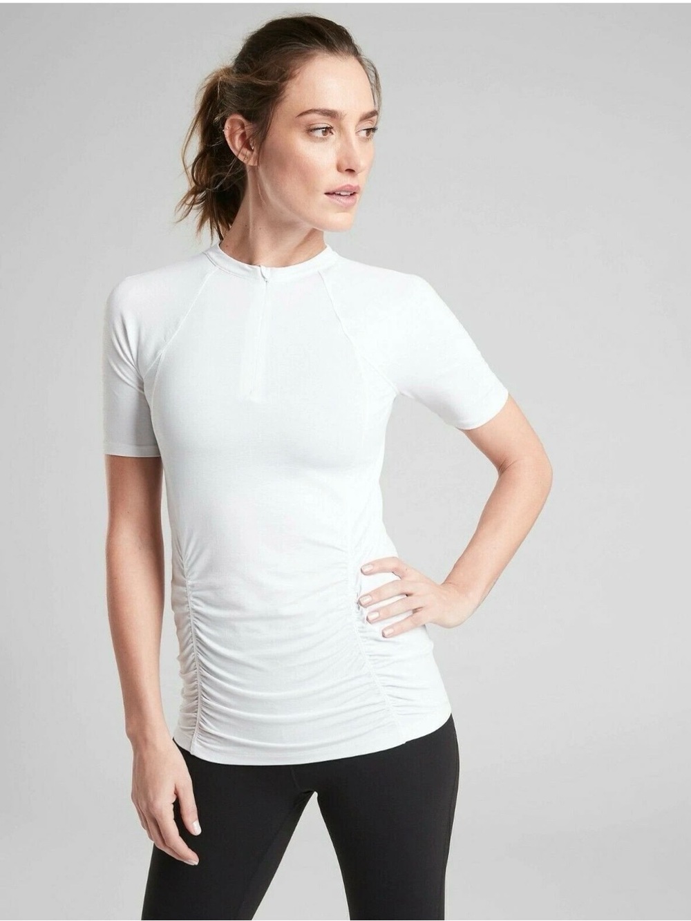 Athleta Pacifica Ruched Fitted 1/4 Zip Athletic Performance Tee Shirt White Med
